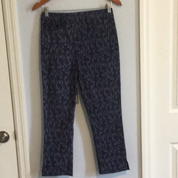 Navy blue loose-fit stretch slacks with leaf design - Picture 1 of 4